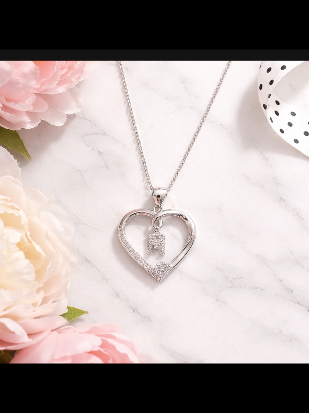 Mother's Day Sale- White Gold Filled Heart Pendant Necklace with 'M' Initial